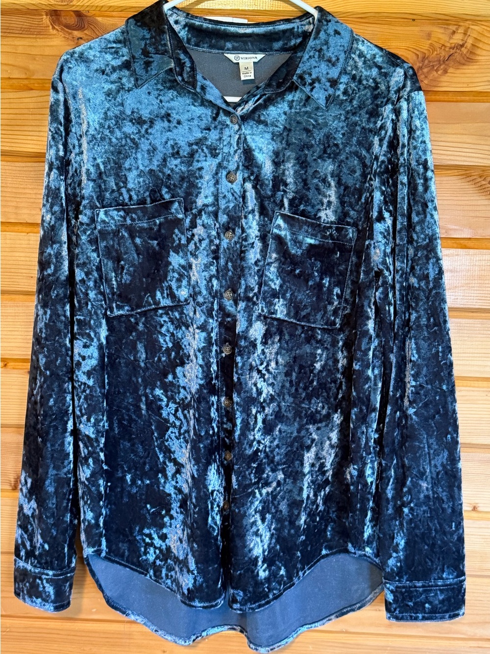 Versona Crushed Velvet Button-Down Shirt in Teal Blue